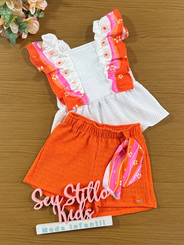 Conjunto Infantil Kukie Alecrim Shorts Laranja e Bata Solzinho
