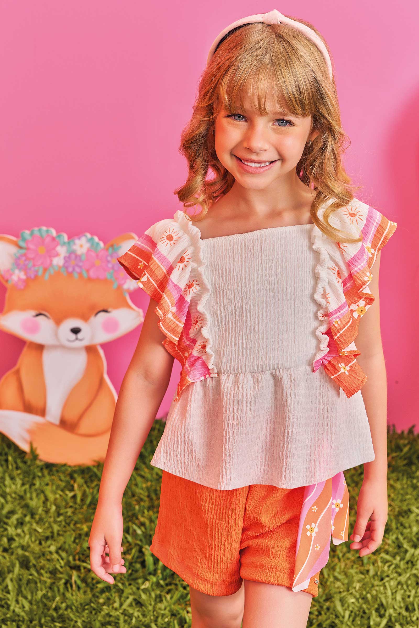 Conjunto Infantil Kukie Alecrim Shorts Laranja e Bata Solzinho