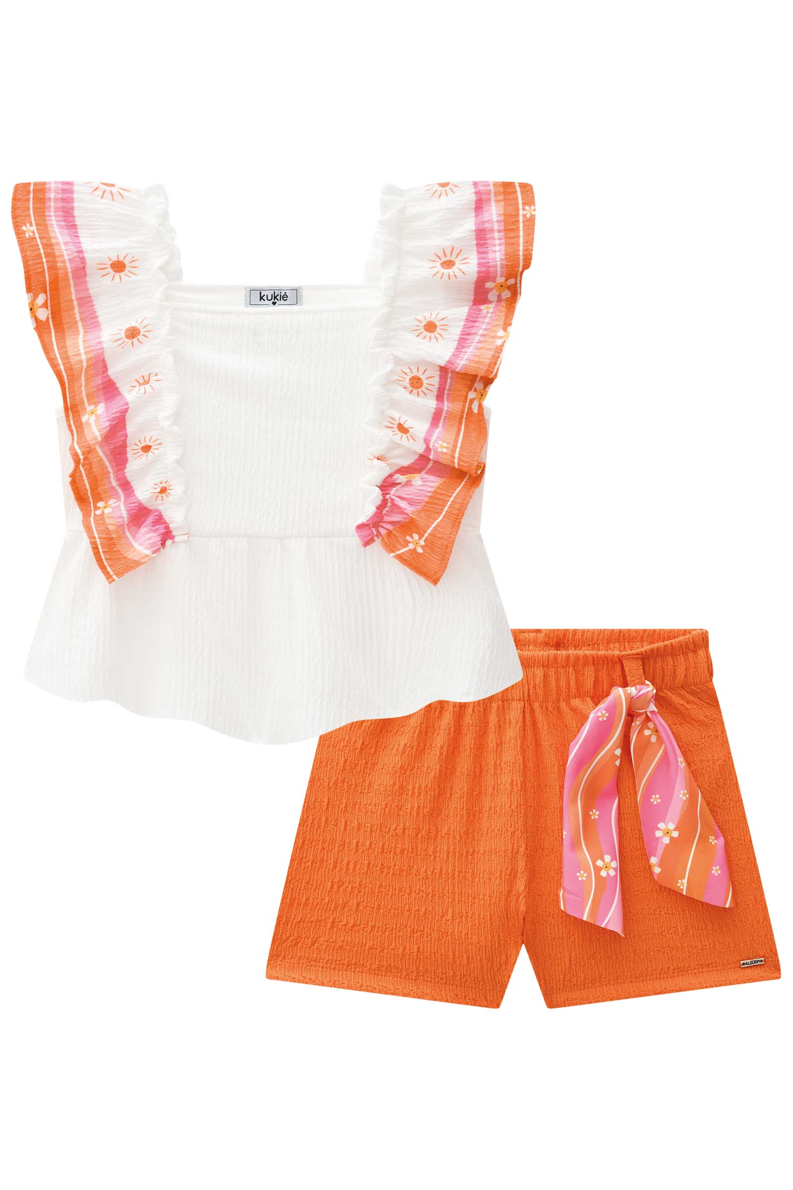Conjunto Infantil Kukie Alecrim Shorts Laranja e Bata Solzinho