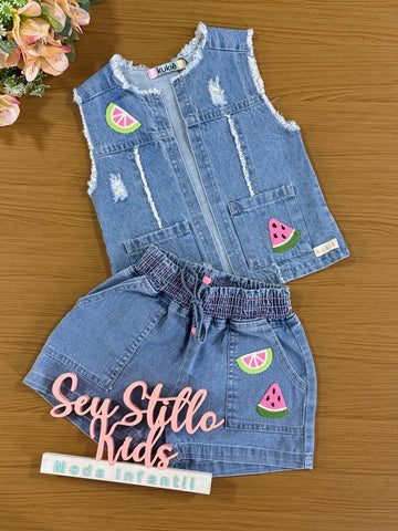 Conjunto Infantil Kukie Verão Shorts e Colete Jeans Melancia