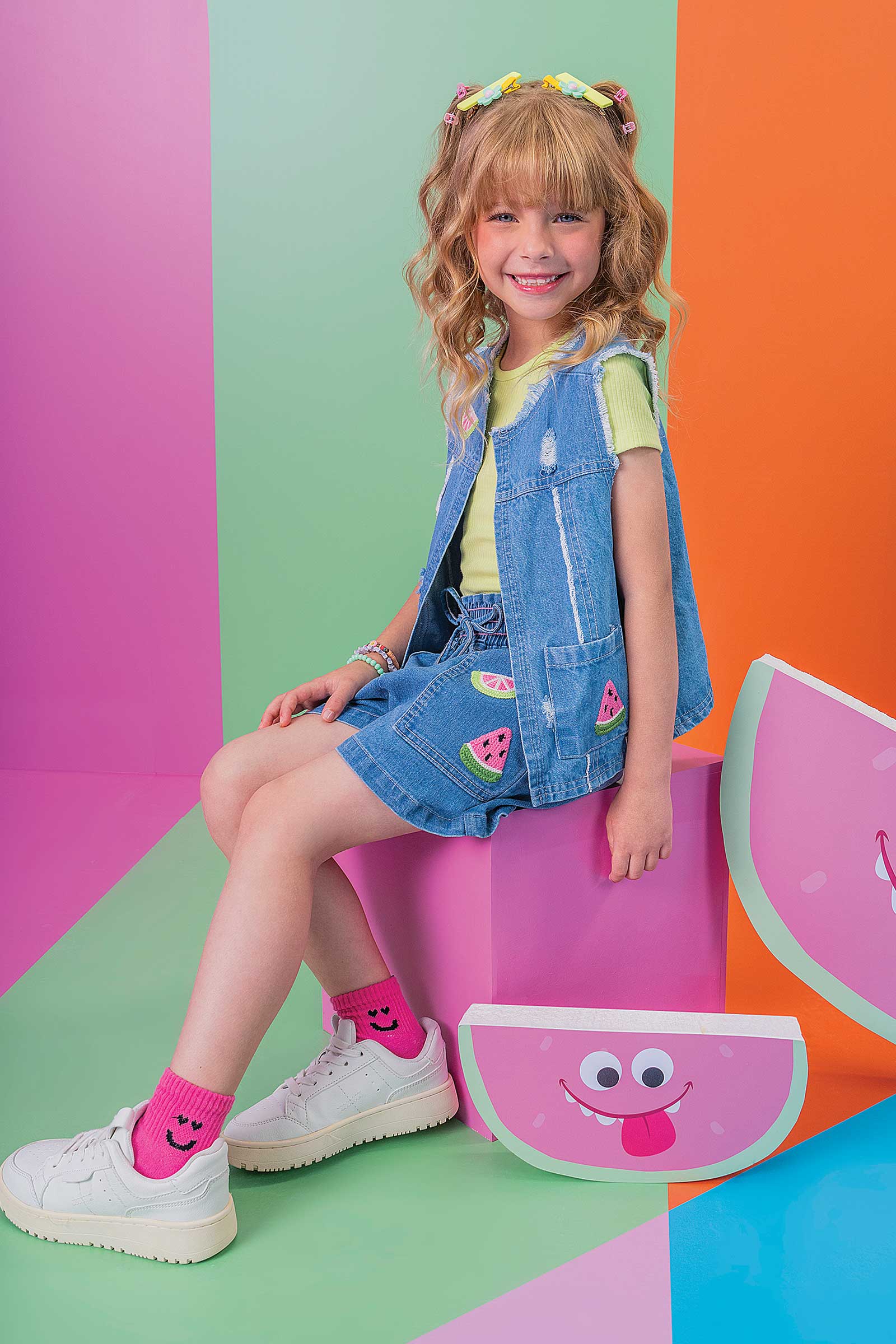 Conjunto Infantil Kukie Verão Shorts e Colete Jeans Melancia