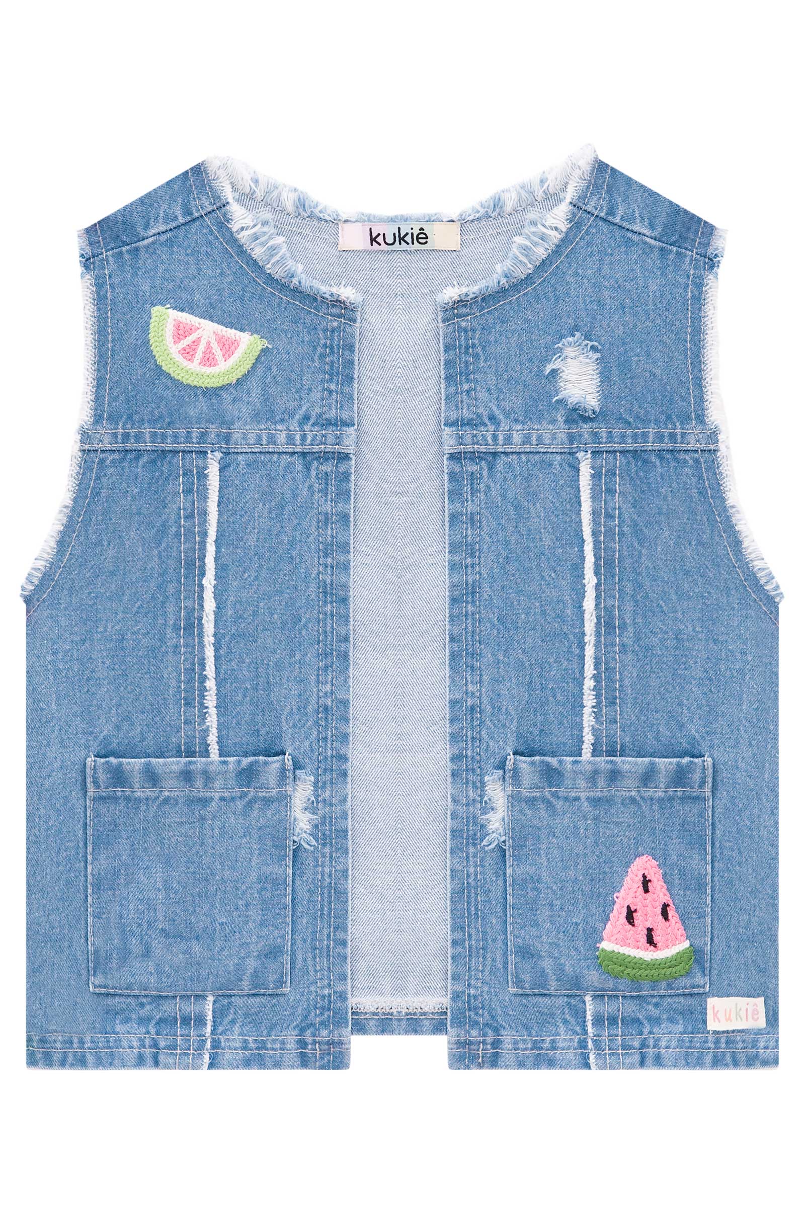 Conjunto Infantil Kukie Verão Shorts e Colete Jeans Melancia