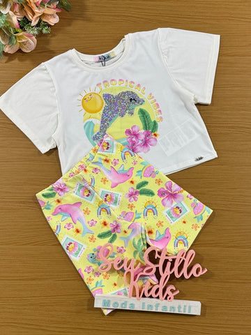 Conjunto Infantil Kukie Verão Shorts Ciclista e Blusa Golfinho