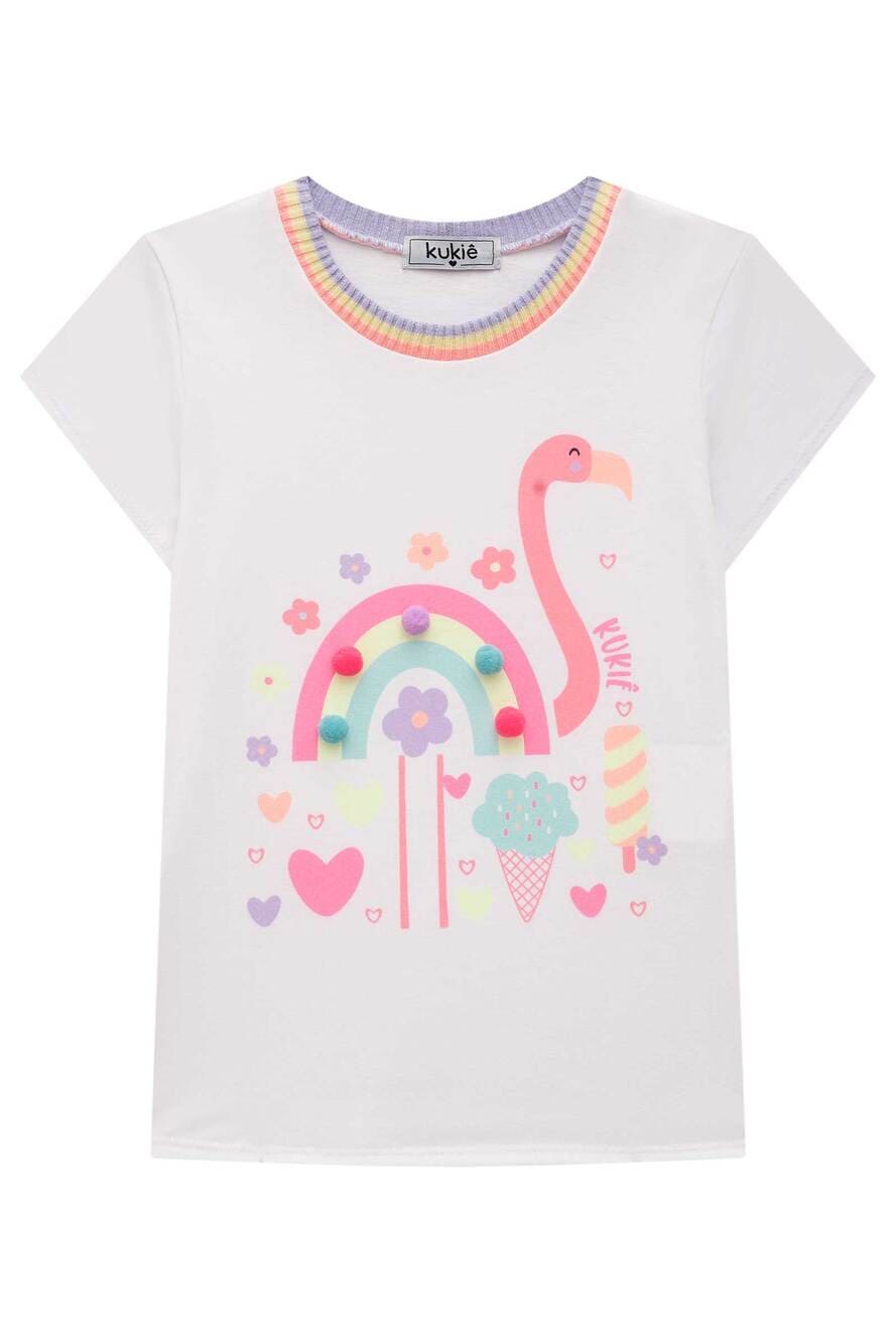 Blusa Infantil Kukie Verão Branca Flamingo Arco Iris