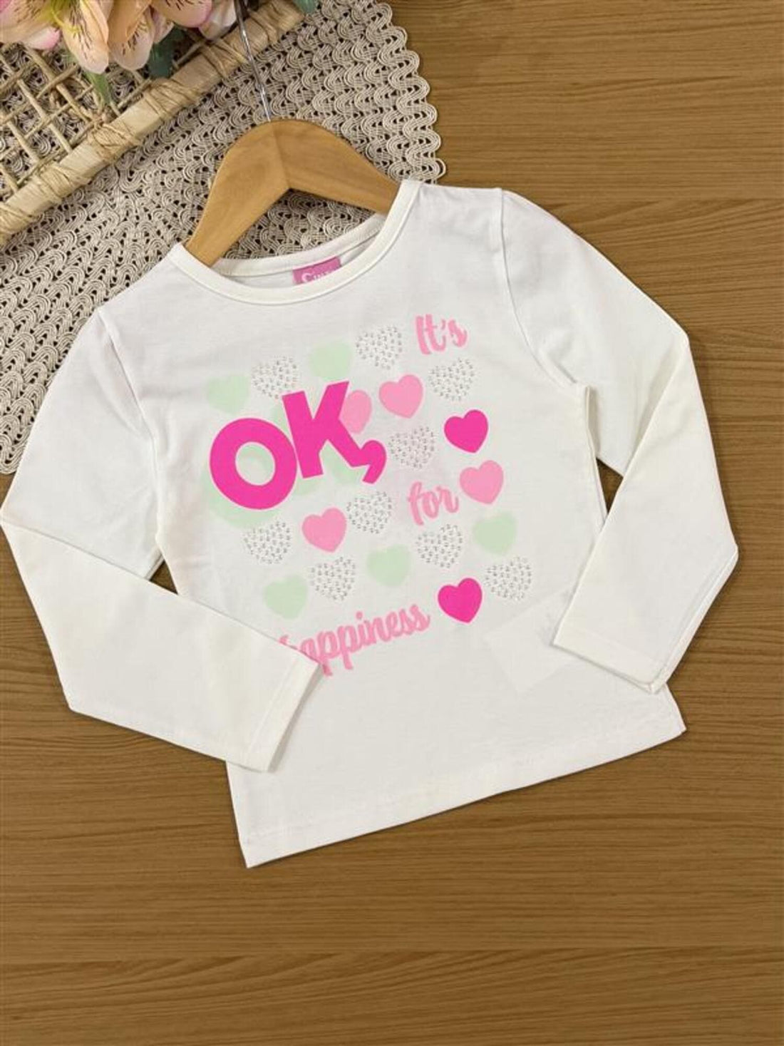Conjunto Infantil Cinti Inverno com Saia Rosa e Blusa Manga Lonnga Corações Strass