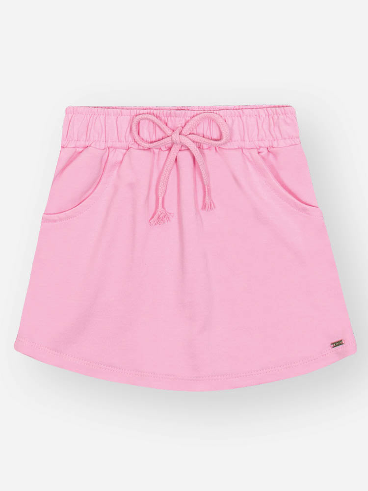 Conjunto Infantil Cinti Verão com Shorts Saia Rosa e Blusa Branca Ursinho com Strass
