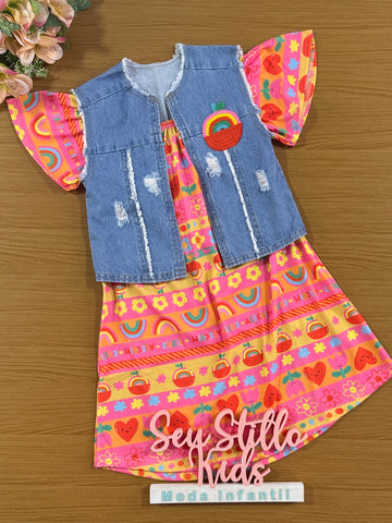 Vestido Infantil Kukie Alecrim Verão Arco Íris com Colete