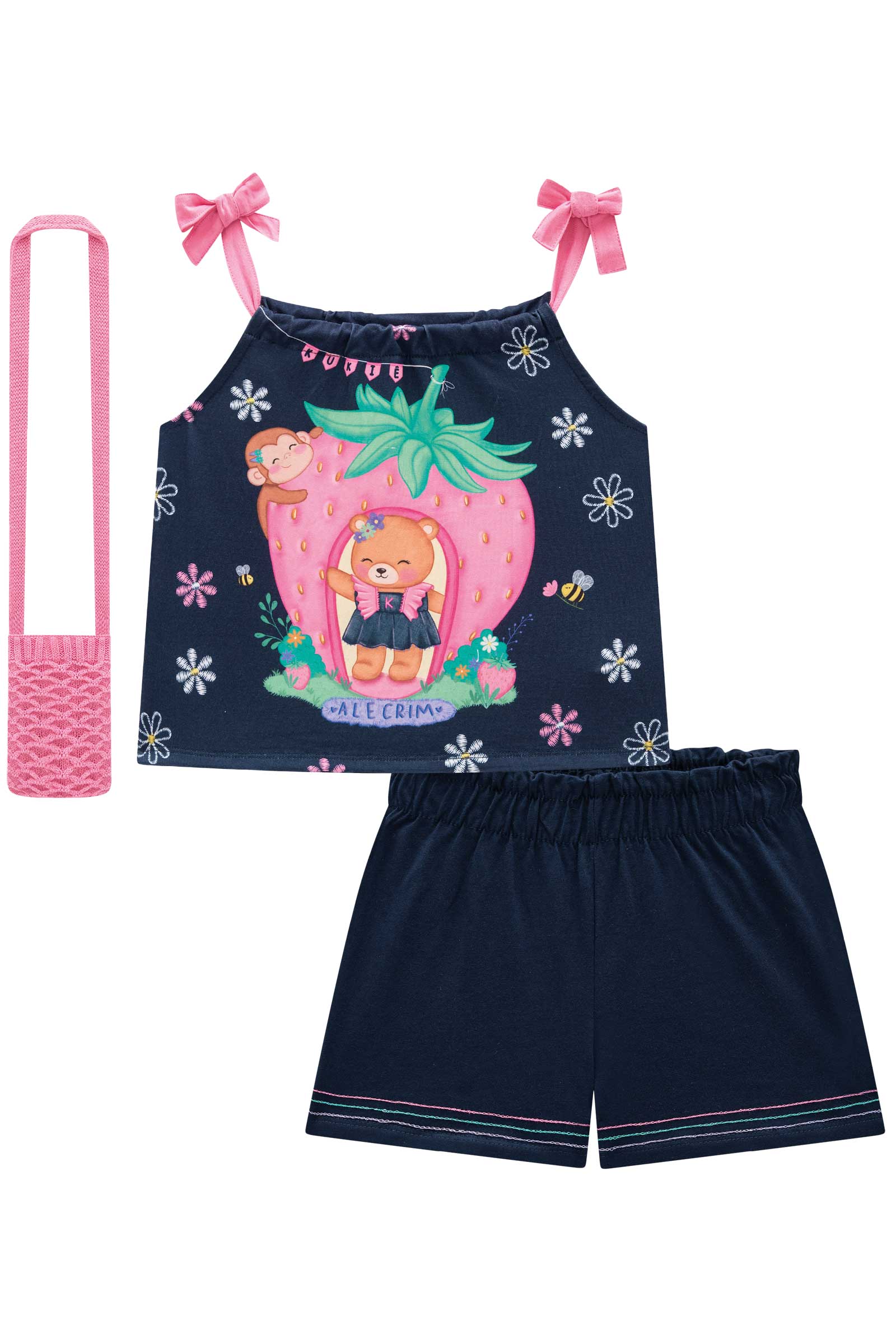 Conjunto Infantil Kukie Alecrim Verão Shorts e Blusa Ursinha com Bolsinha