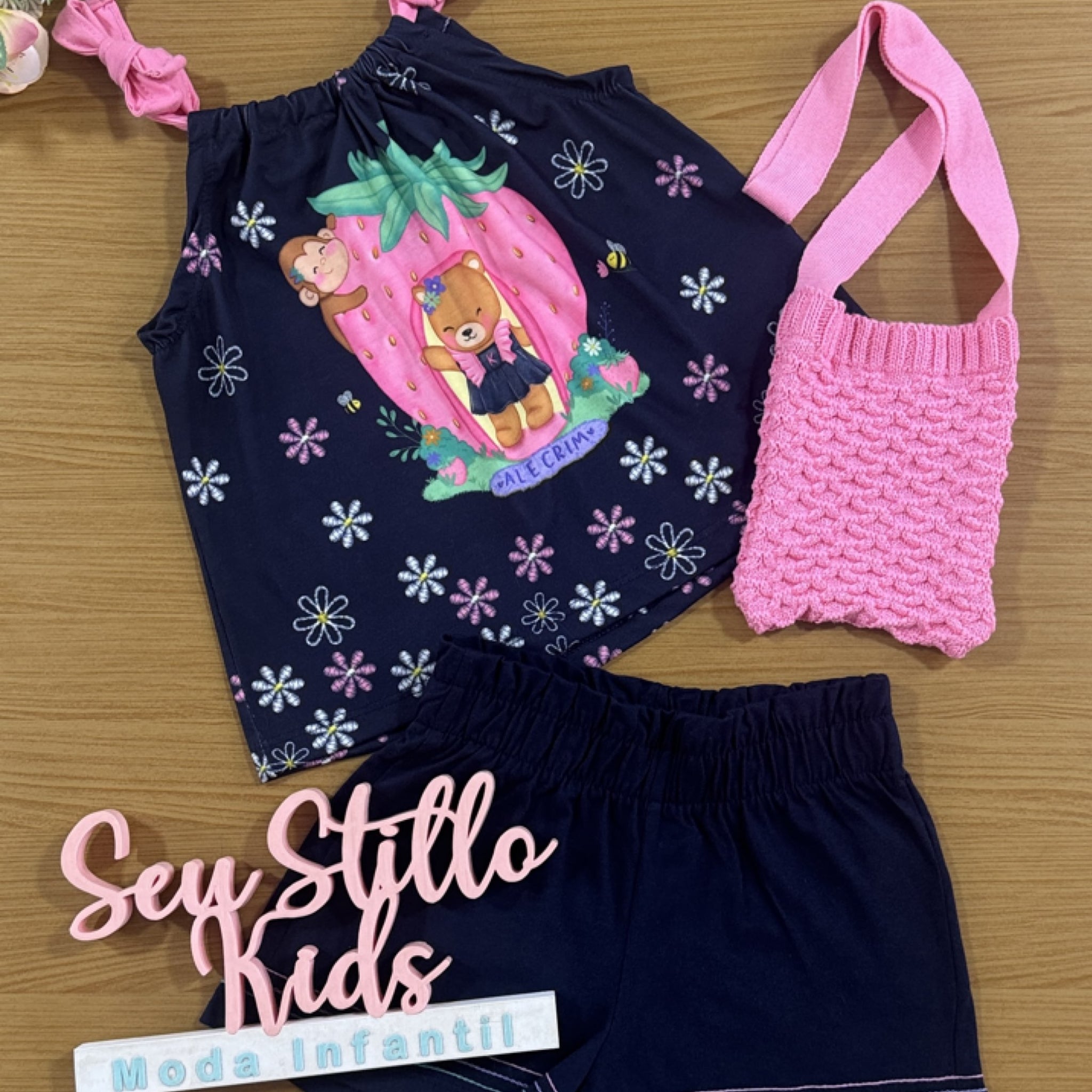 Conjunto Infantil Kukie Alecrim Verão Shorts e Blusa Ursinha com Bolsinha