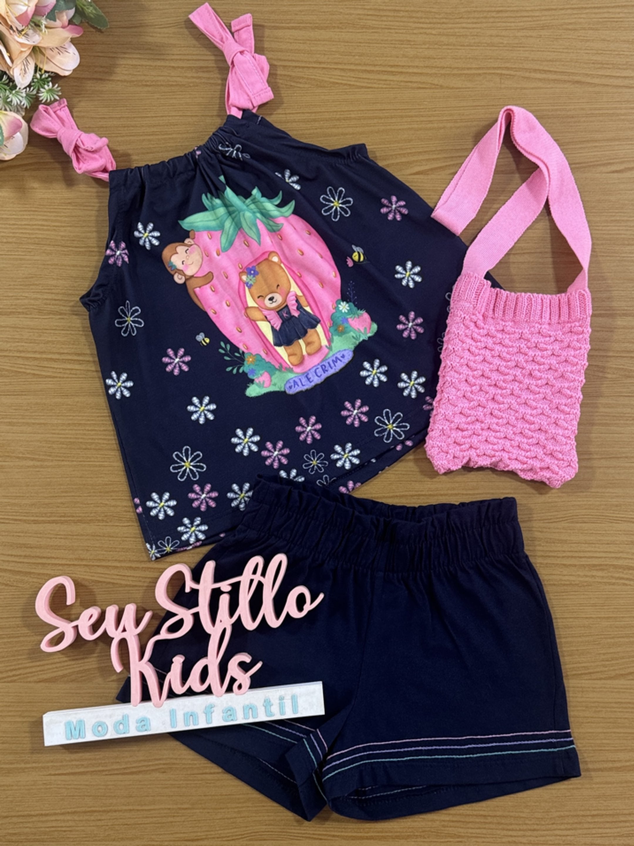 Conjunto Infantil Kukie Alecrim Verão Shorts e Blusa Ursinha com Bolsinha