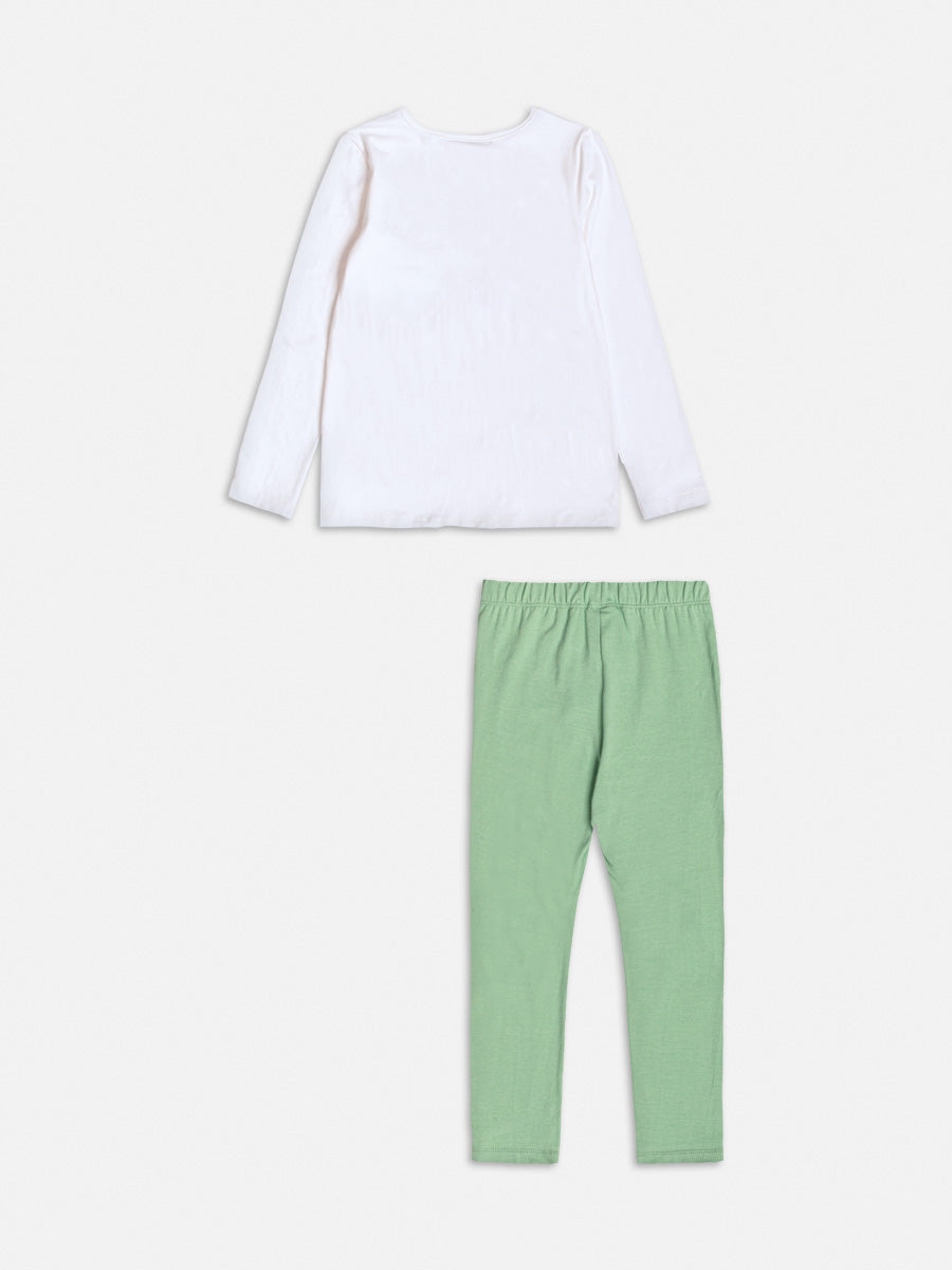 Conjunto Infantil Momi Inverno com Calça Verde e Blusa Manga Longa Branca Borboletas
