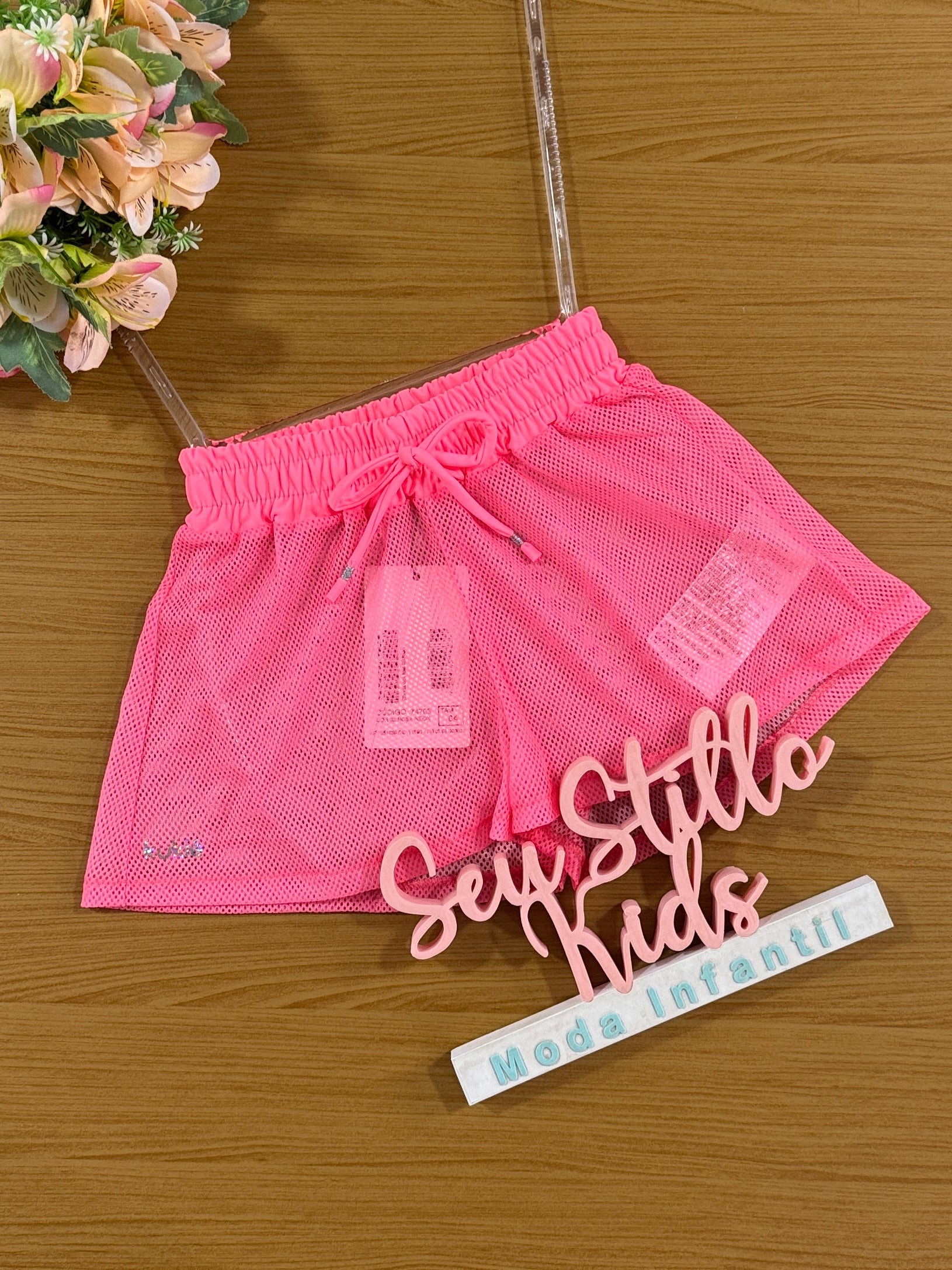 Shorts Infantil Kukie Verão de Praia Telado Rosa Neon