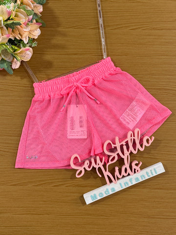 Shorts Infantil Kukie Verão de Praia Telado Rosa Neon
