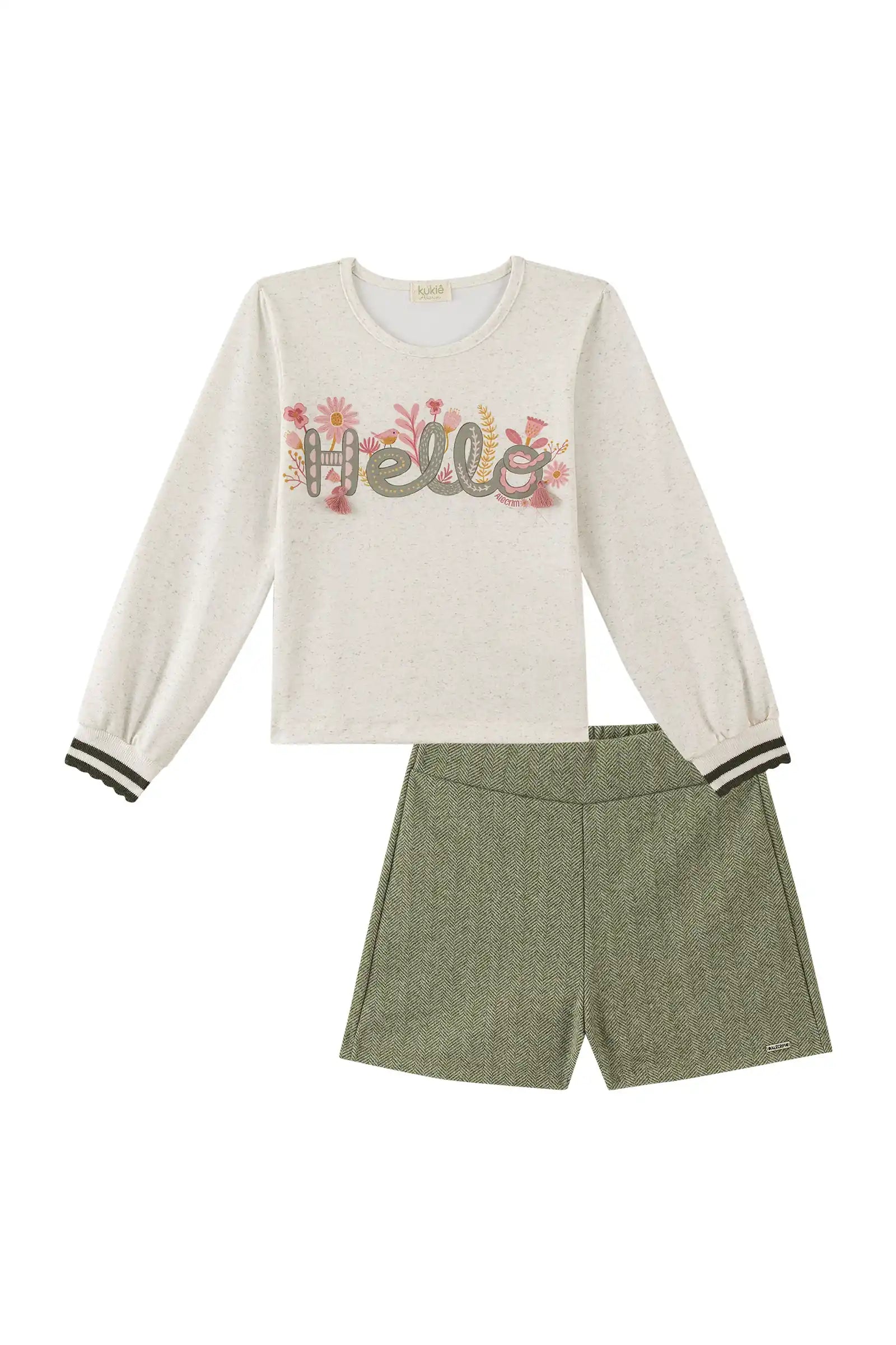 Conjunto Infantil Kukiê Inverno com Shorts Verde e Blusa Manga Longa Hello