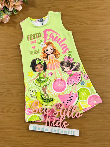 Vestido Infantil Kukie Verão Verde Festa das Frutas