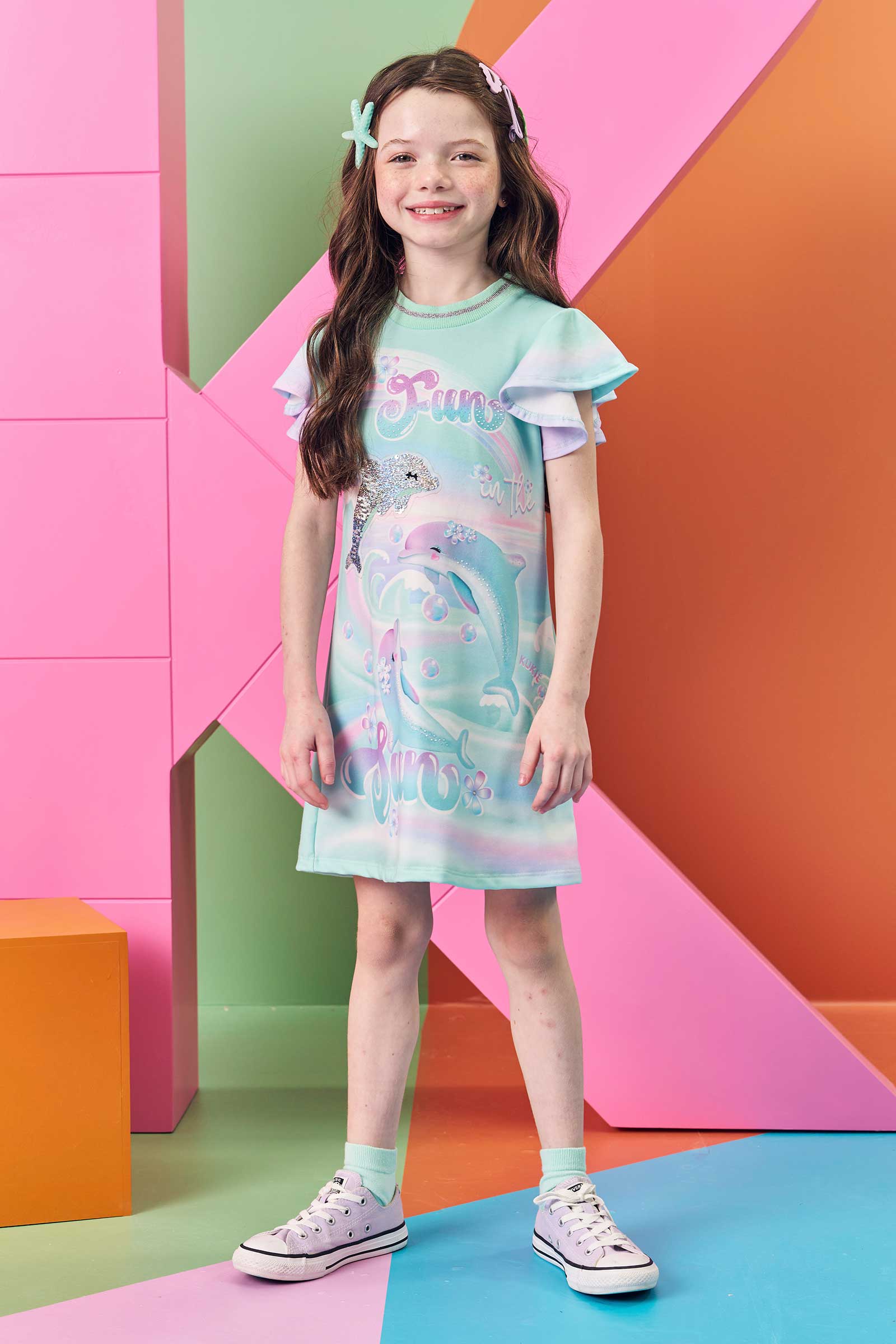 Vestido Infantil Kukie Verão Verde Golfinho
