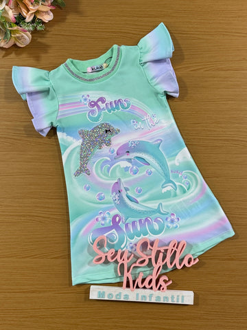 Vestido Infantil Kukie Verão Verde Golfinho