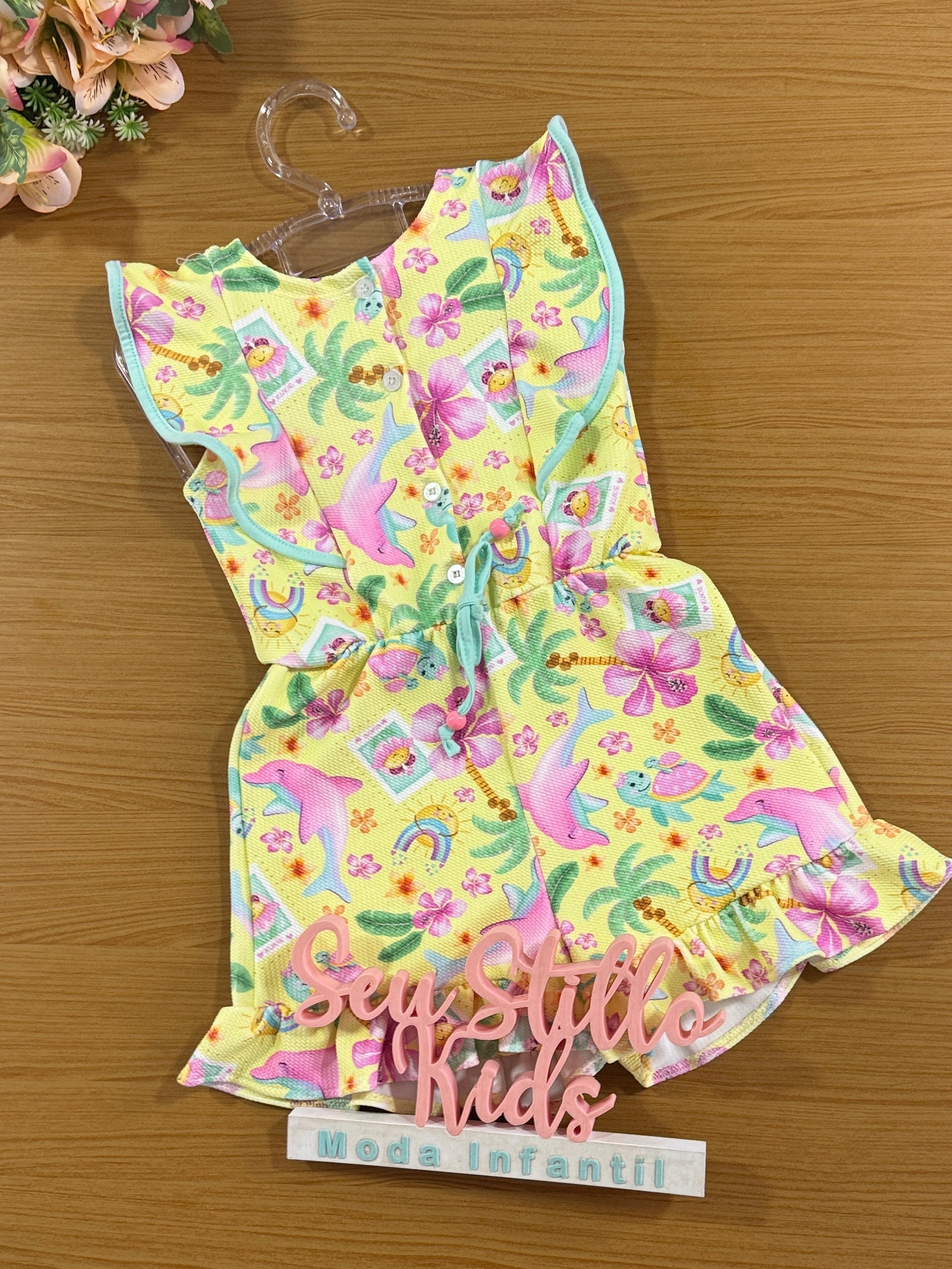 Macaquinho Infantil Kukie Verão Amarelo Golfinho Rosa