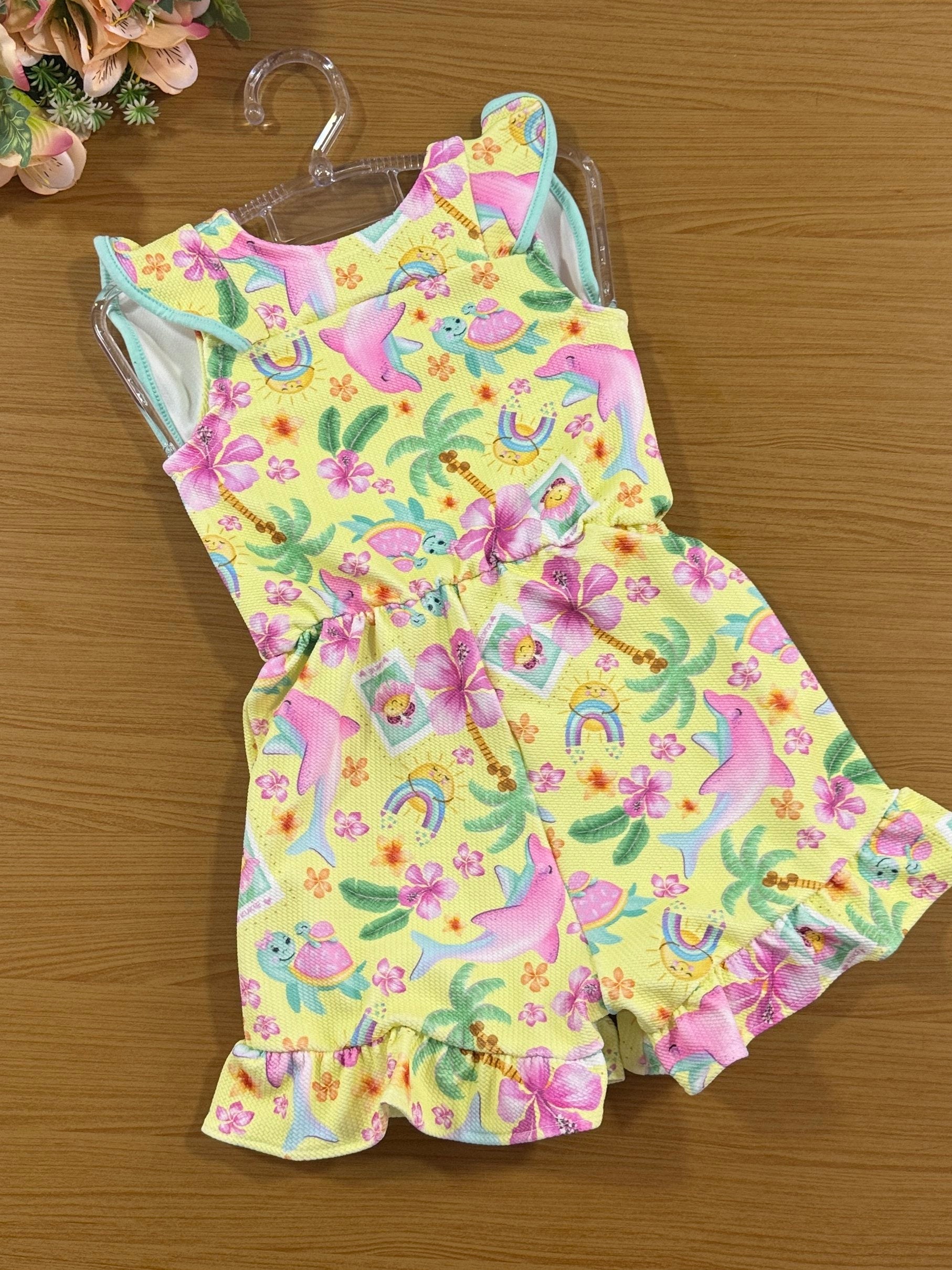 Macaquinho Infantil Kukie Verão Amarelo Golfinho Rosa