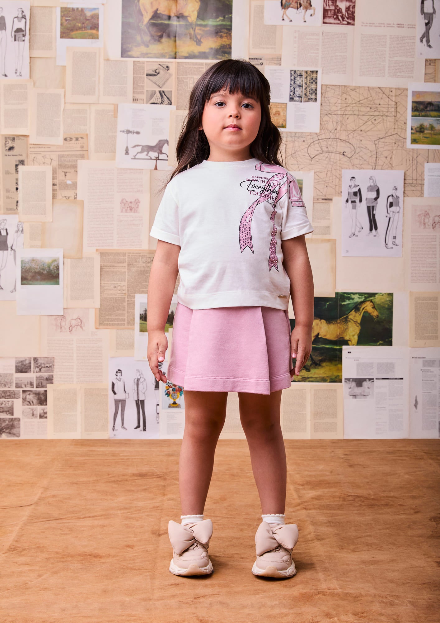 Conjunto Infantil Animê Inverno com Short-Saia Rosa e Blusa Lacinho