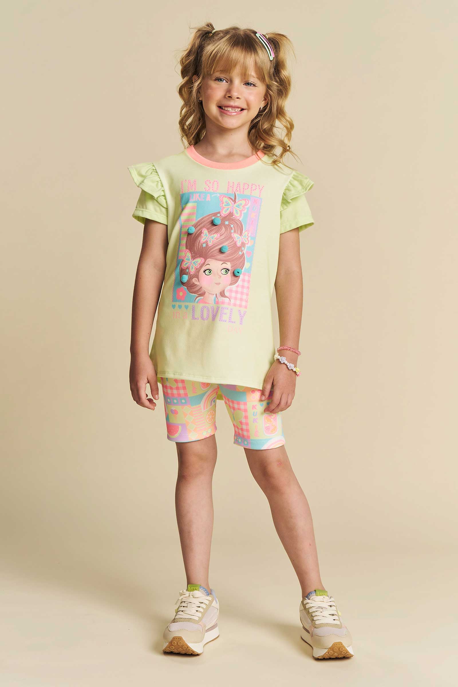 Conjunto Infantil Kukie Verão Shorts Ciclista e Blusa Borboletas