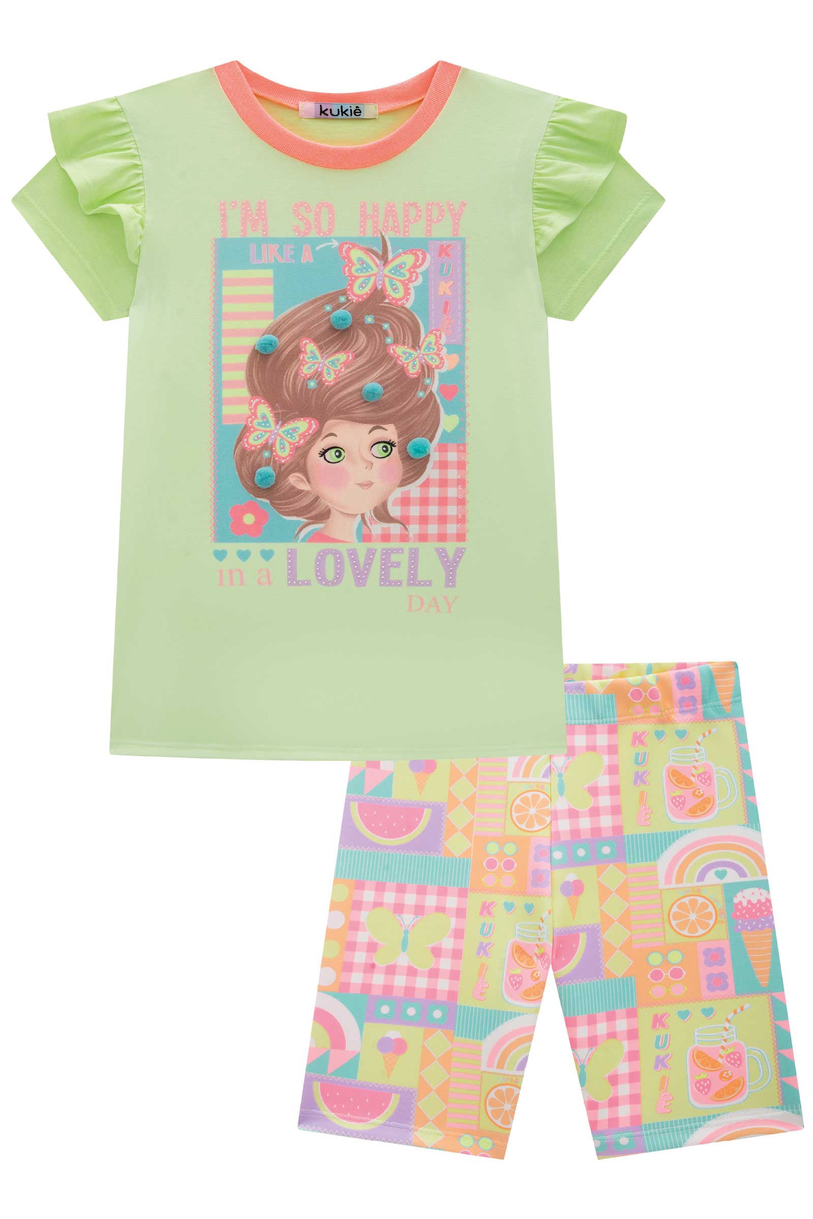 Conjunto Infantil Kukie Verão Shorts Ciclista e Blusa Borboletas