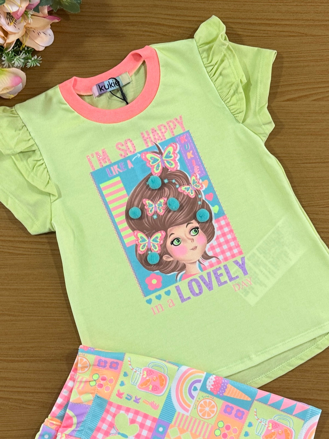 Conjunto Infantil Kukie Verão Shorts Ciclista e Blusa Borboletas