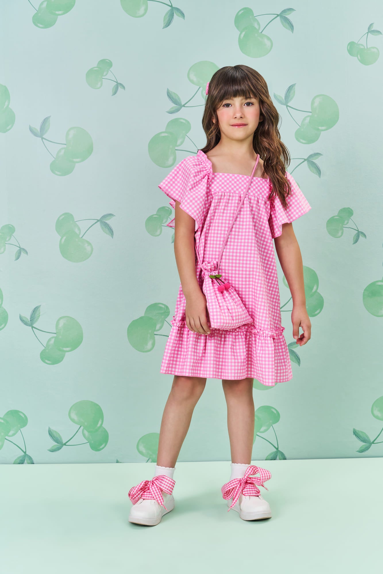 Vestido Infantil Cinti Verão Xadrez Rosa com Bolsinha