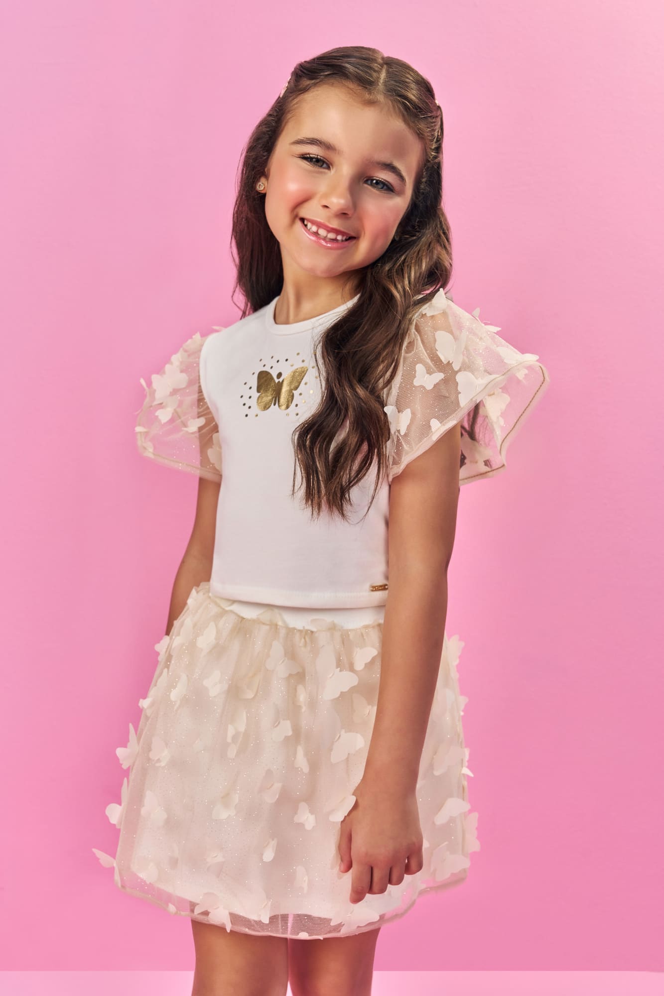 Conjunto Infantil Cinti Verão com Saia em Tule e Blusa Branca Borboleta Dourada