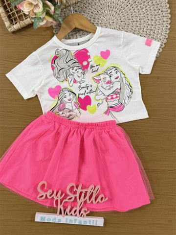 Conjunto Infantil Bimbi Verão com Saia em Tule Rosa e Blusa Branca Princesas Disney
