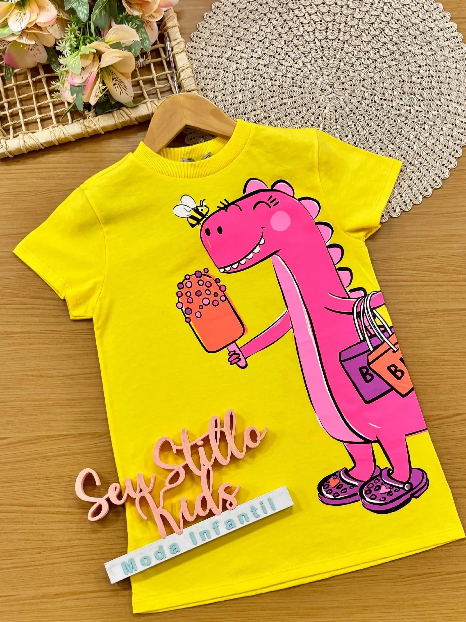 Vestido Infantil Bimbi Amarelo Dinossaurinha