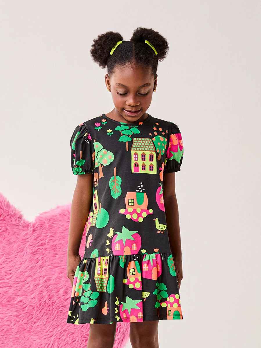 Vestido Infantil Bimbi Inverno Manga Curta Preto Fazendinha