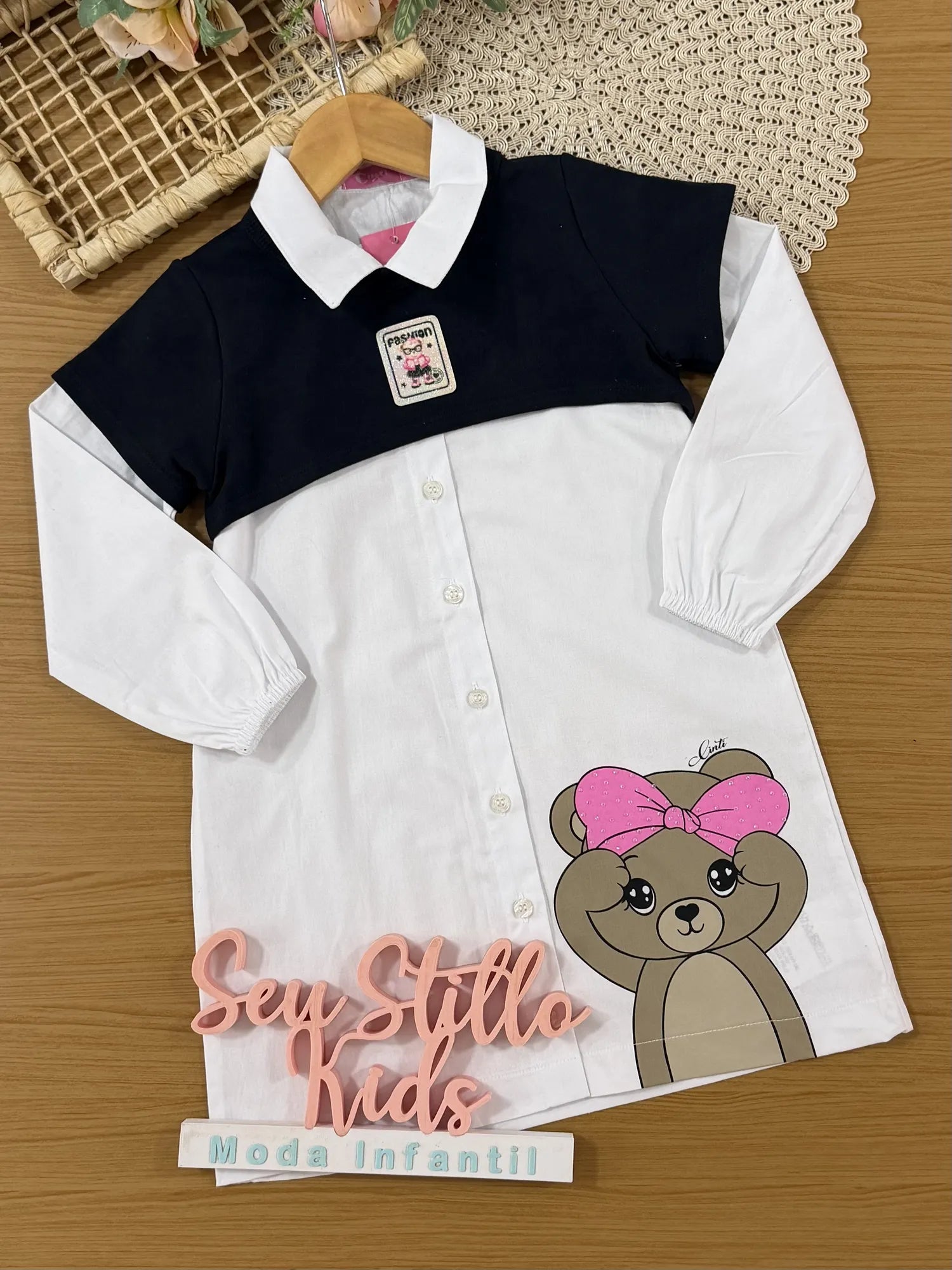 Vestido Infantil Cinti Inverno Manga Longa Com Cropped Preto Sobreposto Ursinha Fashion