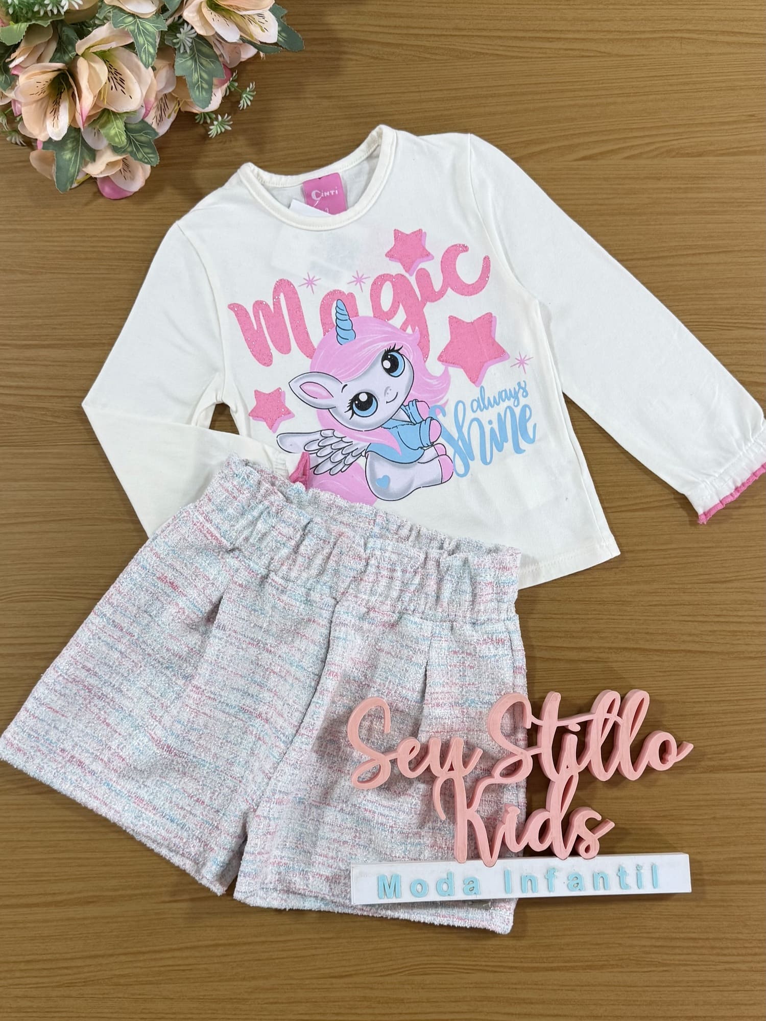 Conjunto Infantil Cinti Inverno Shorts Tweed E Blusa Unicórnio Rosa