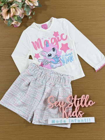 Conjunto Infantil Cinti Inverno Shorts Tweed E Blusa Unicórnio Rosa