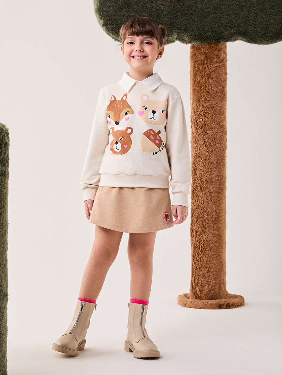 Conjunto Infantil Bimbi Inverno com Shorts Saia e Moletom sem Flanela Bege Bichinhos