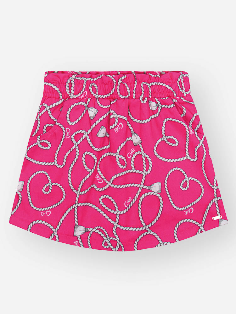 Conjunto Infantil Cinti Verão com Shorts Saia Rosa e Regata Branca Coração com Strass