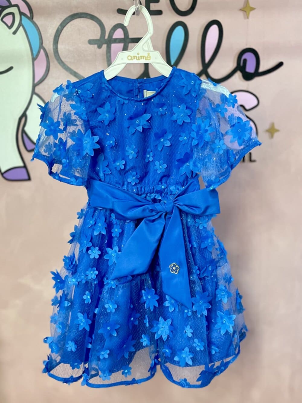 Vestido Infantil Animê Verão Azul Flores 3D