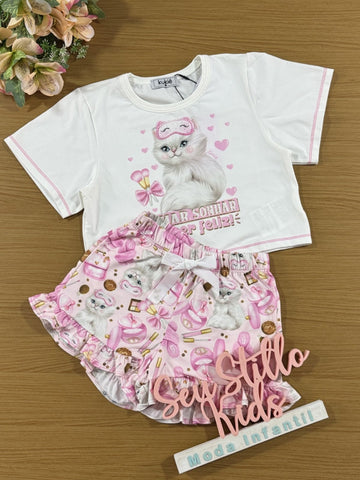 Pijama Infantil Kukie Verão Shorts e Blusa Gatinha