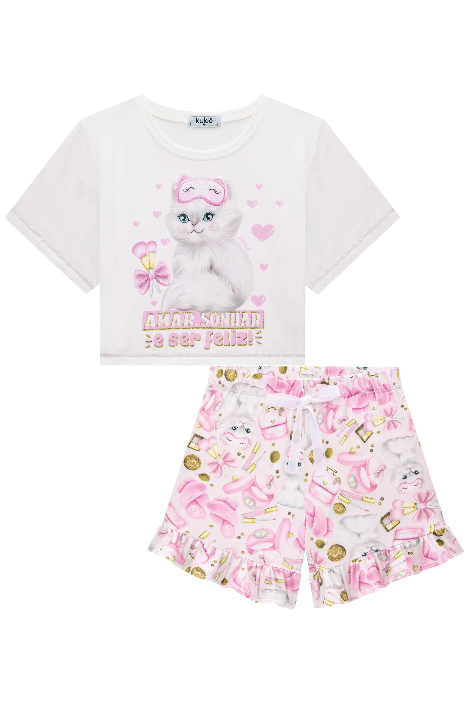 Pijama Infantil Kukie Verão Shorts e Blusa Gatinha