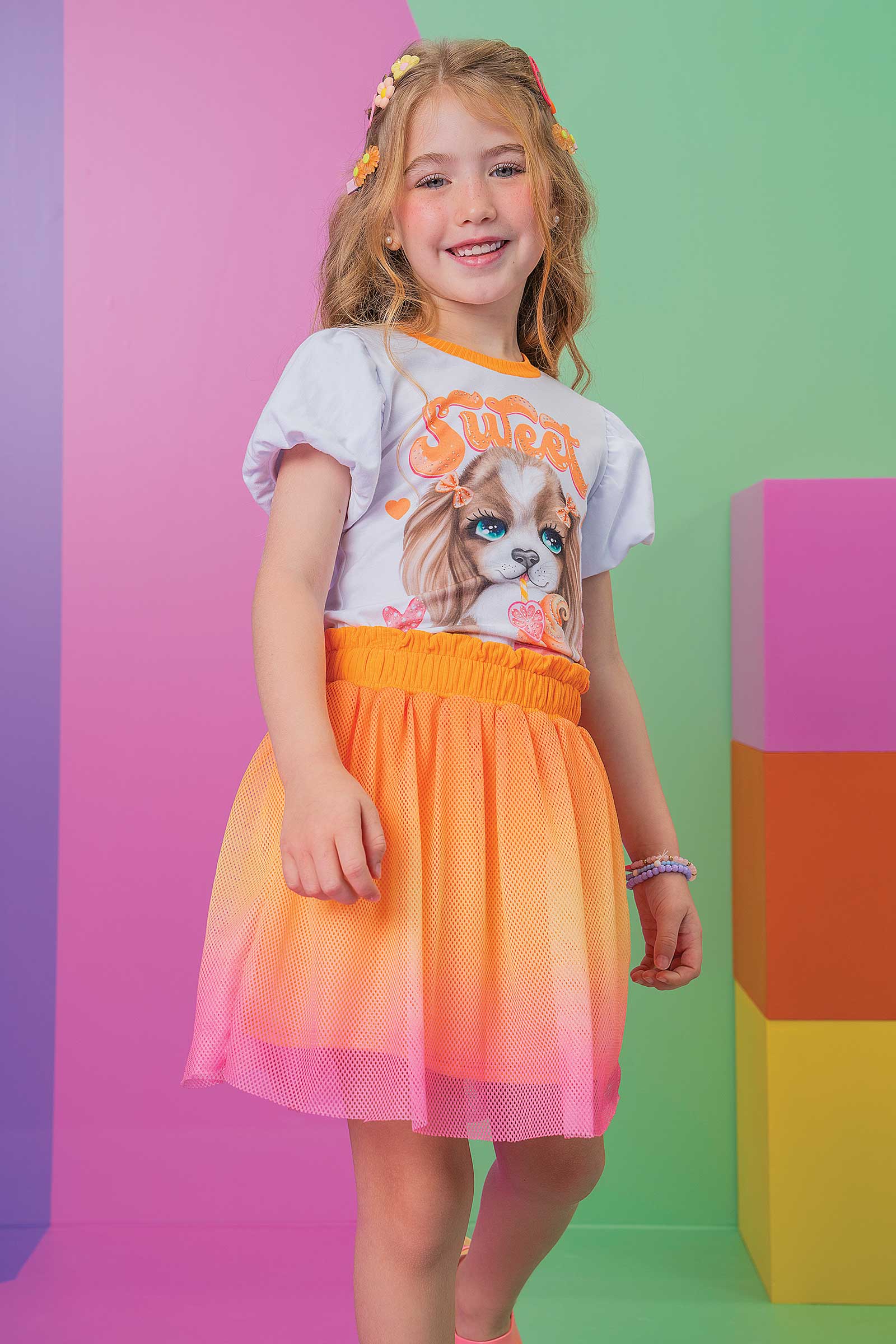 Conjunto Infantil Kukie Verão Saia Tela e Blusa Cachorrinha
