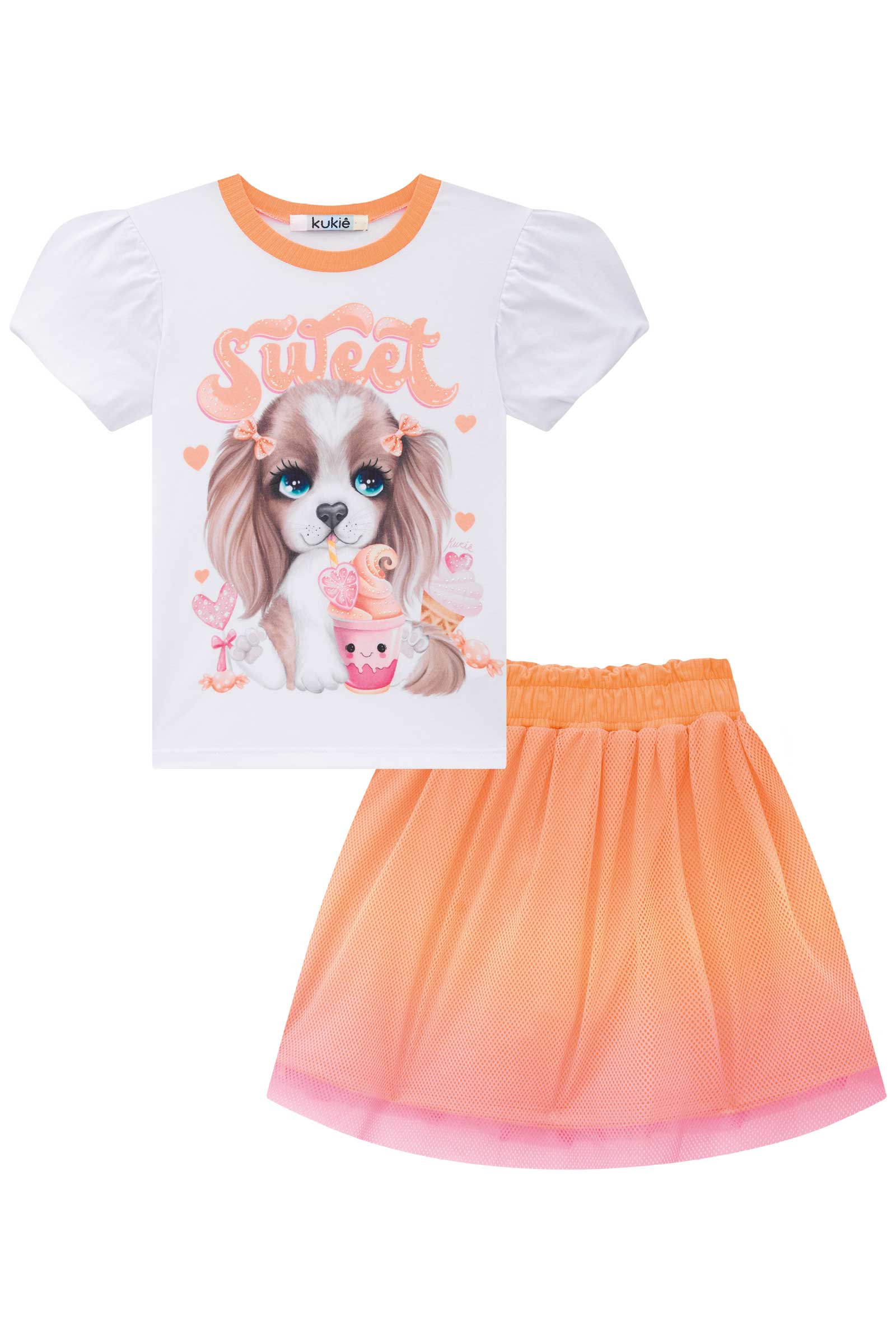 Conjunto Infantil Kukie Verão Saia Tela e Blusa Cachorrinha