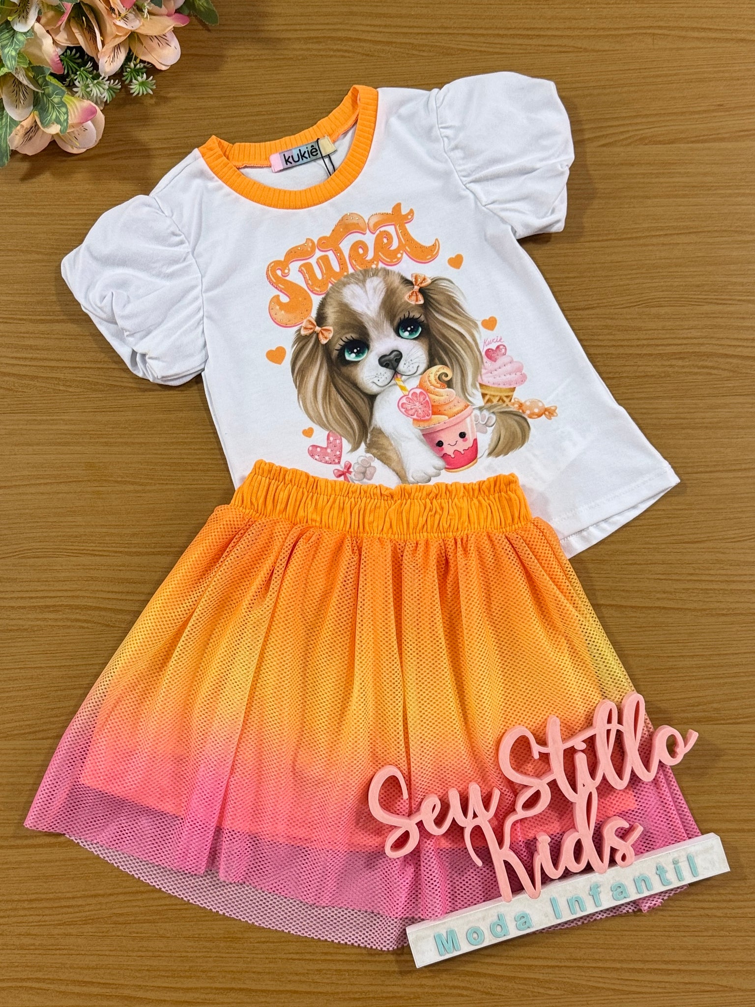 Conjunto Infantil Kukie Verão Saia Tela e Blusa Cachorrinha