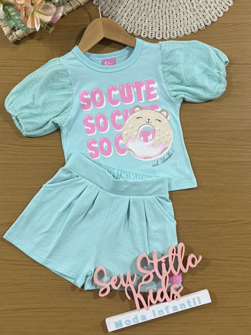 Conjunto Infantil Cinti Verão com Shorts e Blusa Azul com Manga em Tela Cute