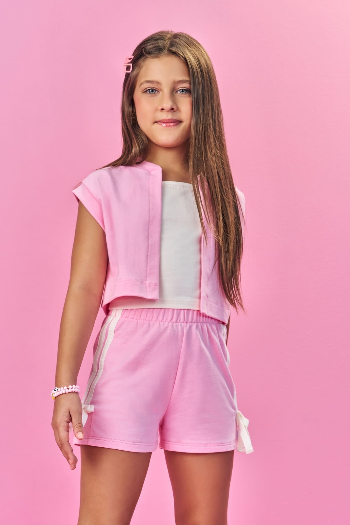 Conjunto Infantil Cinti Verão com Shorts e Colete Rosa Cachorrinha e Cropped Branco