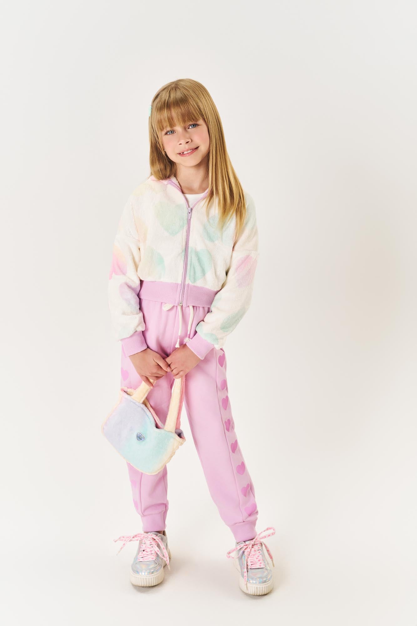 Conjunto Infantil Cinti Inverno Calça Lilás e Jaqueta Fleece Coração