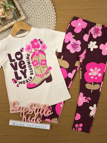 Conjunto Infantil Bimbi Inverno com Calça Legging e Blusa Manga Curta Bege Lovely