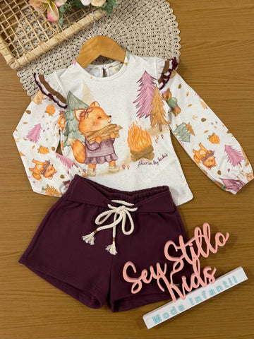 Conjunto Infantil Kukiê Inverno com Shorts Vinho e Blusa Manga Longa Raposinha na Floresta