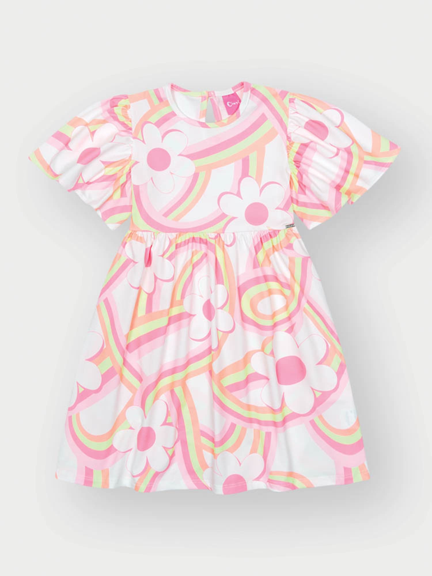 Vestido Infantil Cinti Verão Branco Arco-íris Floral