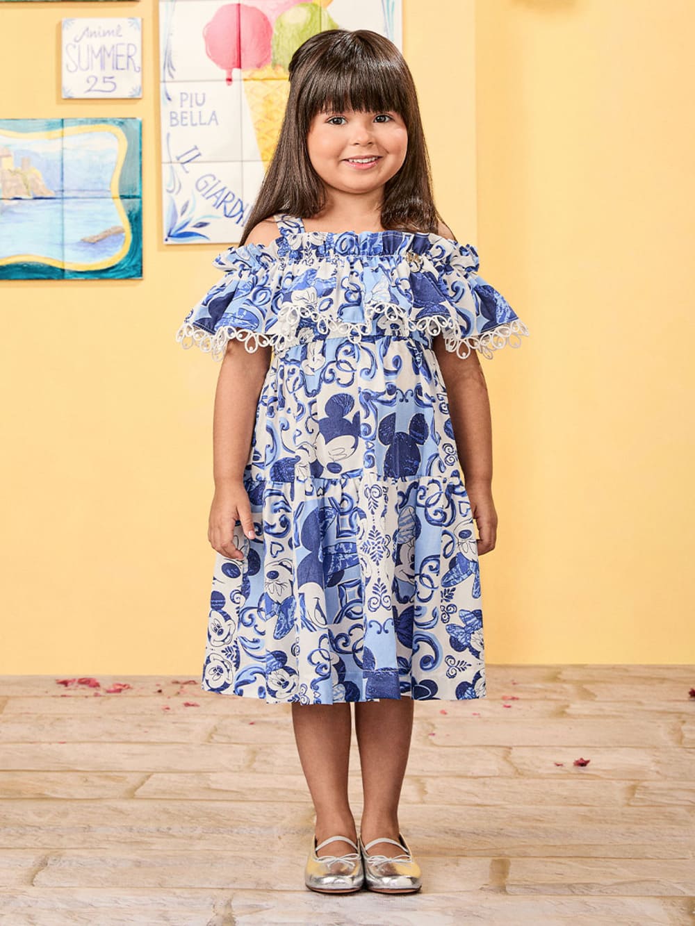 Vestido Infantil Animê Verão Azul Minnie e Mickey Disney